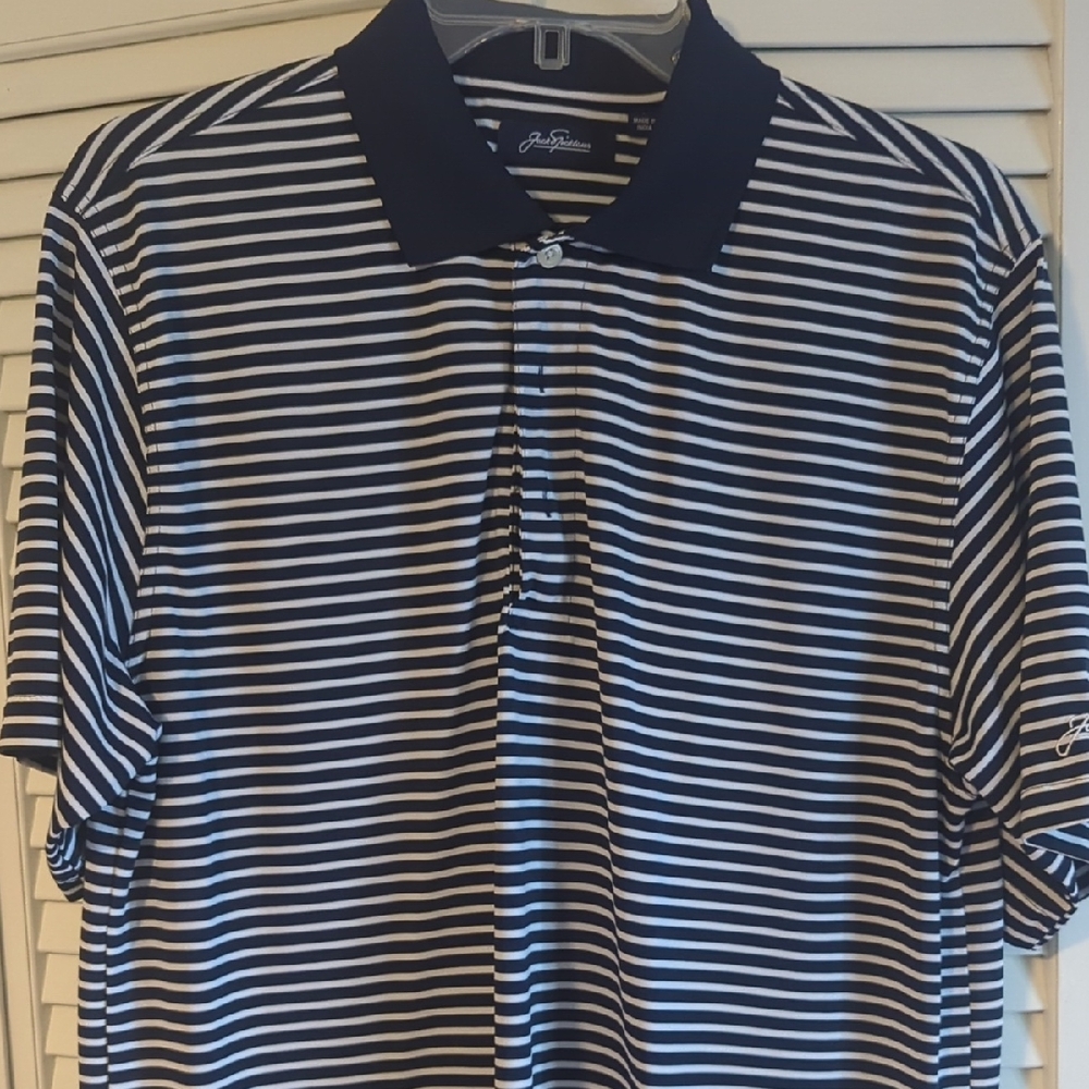 Jack Nicklaus Men's Navy Striped Polo Shirt L